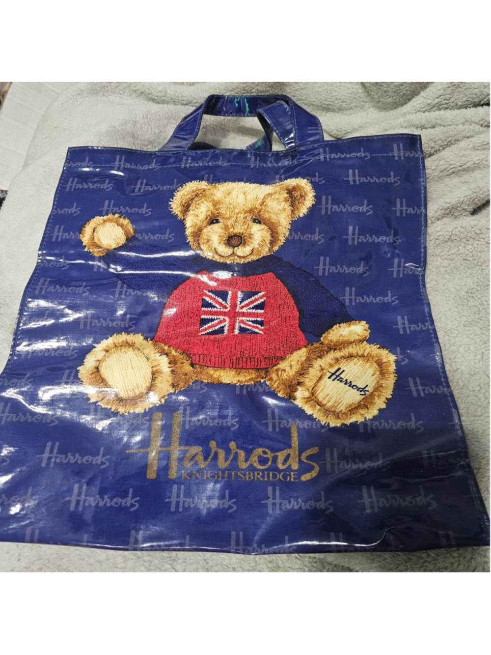 Harrods Tote Bag One Size Blue Brown Teddy Bear Print